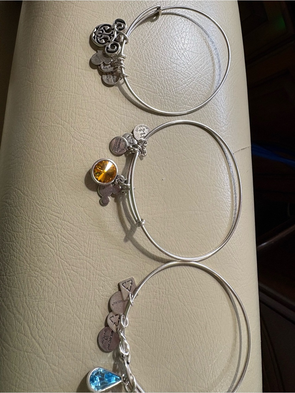 Alex and Ani Silver-Tone Charm Bangle Bracelet with Amber and Blue charms-3 lot
